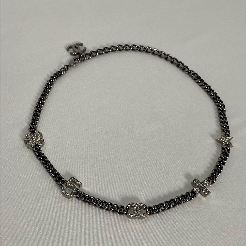 Authentic Ruthenium Chanel CC Lucky Symbols Chocker Necklace Silver Charms - Picture 3 of 10